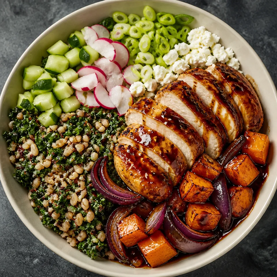 Pomegranate chicken & feta grain bowls — serving inspiration