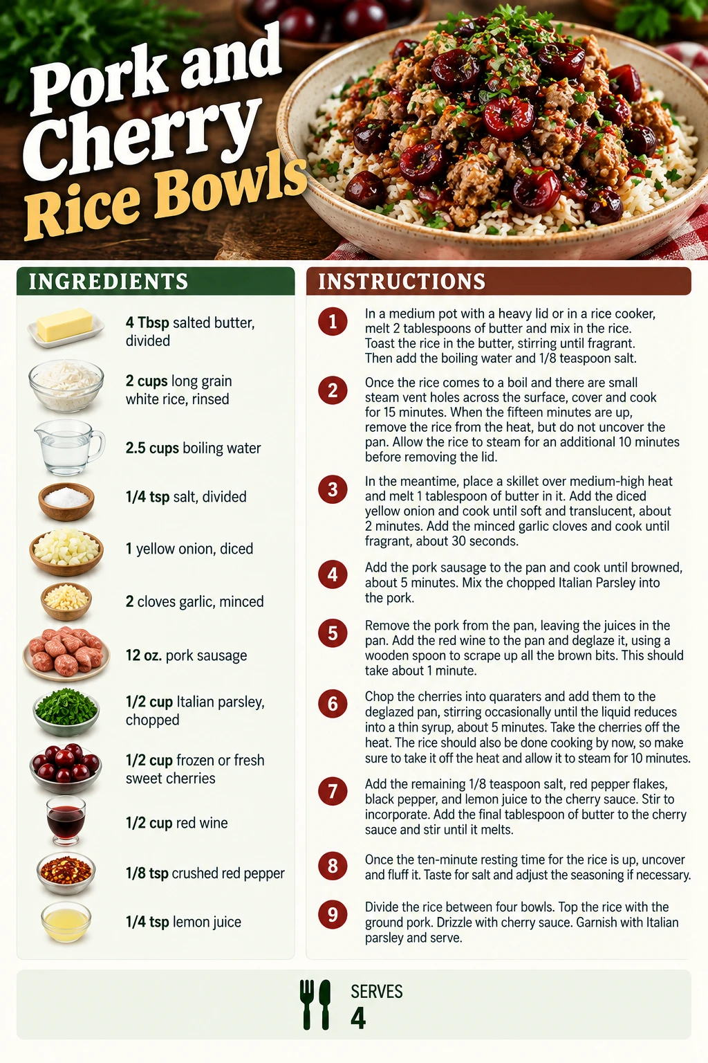 Saved Pork and Cherry Rice Bowls recipe card; accessible ingredients and instructions are listed above.