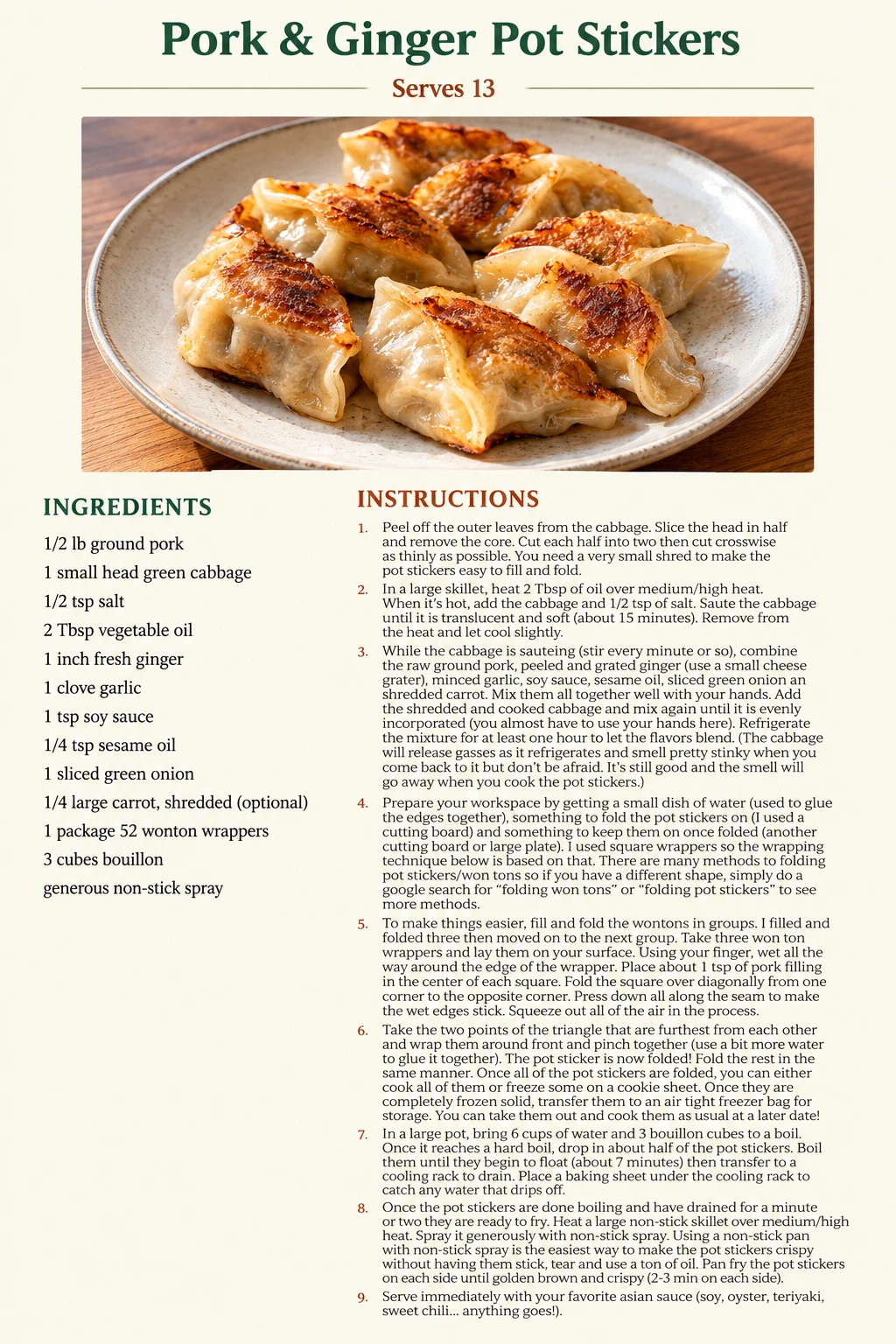 Saved Pork & Ginger Pot Stickers recipe card; accessible ingredients and instructions are listed above.