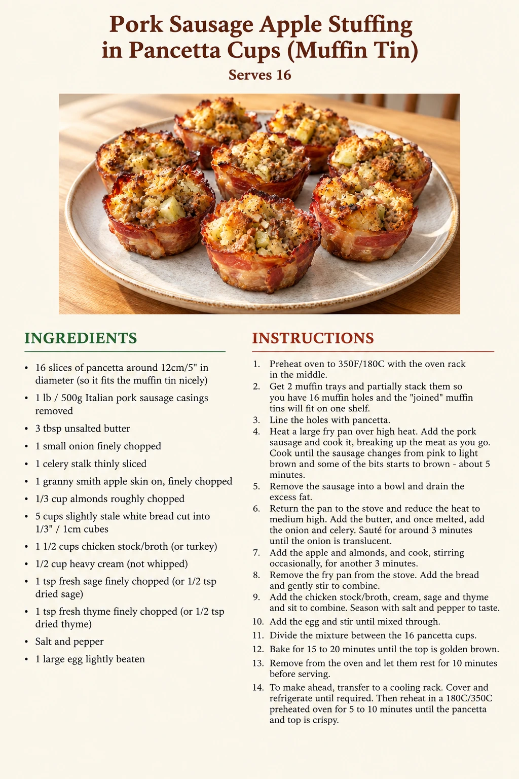 Saved Pork Sausage Apple Stuffing in Pancetta Cups (Muffin Tin) recipe card; accessible ingredients and instructions are listed above.