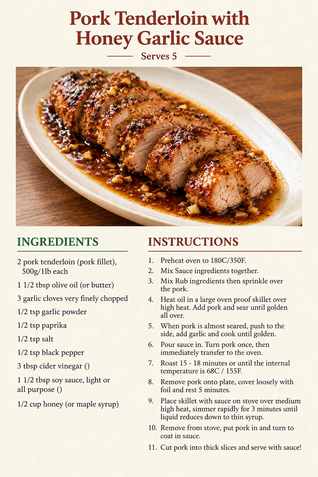 Saved Pork Tenderloin with Honey Garlic Sauce recipe card; accessible ingredients and instructions are listed above.