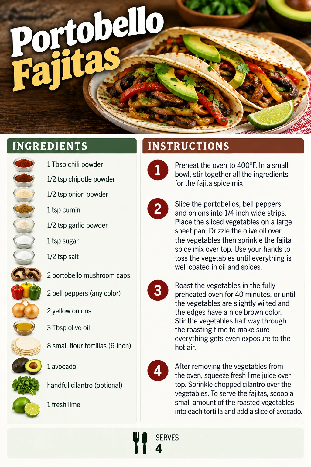 Saved Portobello Fajitas recipe card; accessible ingredients and instructions are listed above.