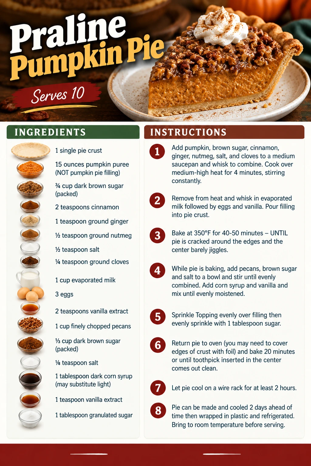 Saved Praline Pumpkin Pie recipe card; accessible ingredients and instructions are listed above.