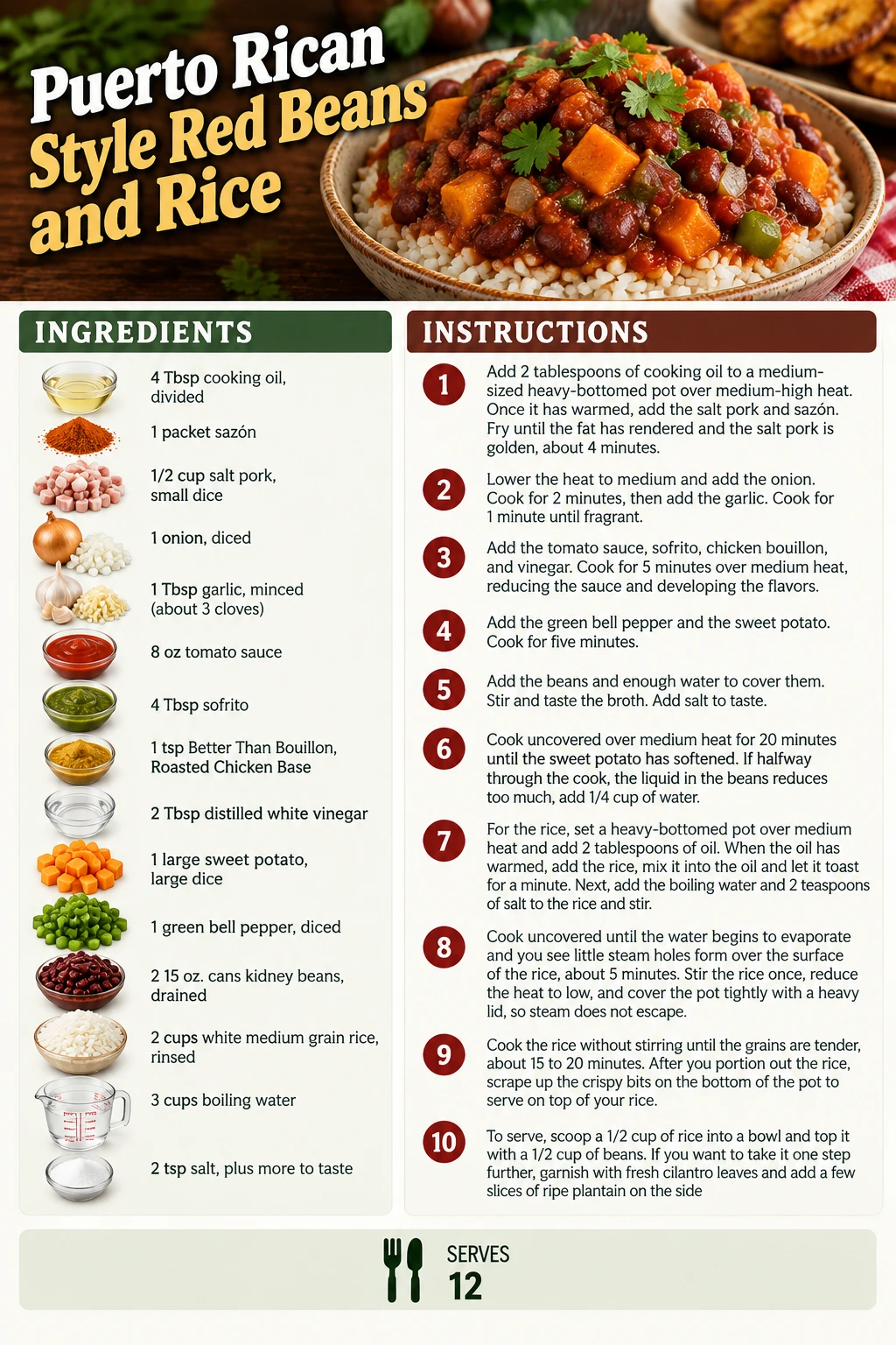Saved Puerto Rican Style Red Beans and Rice recipe card; accessible ingredients and instructions are listed above.