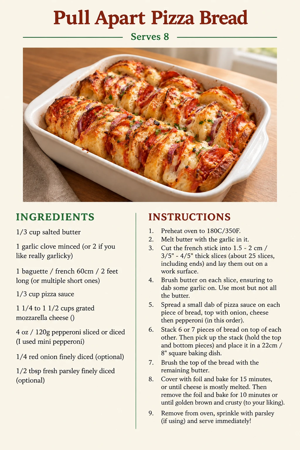 Saved Pull Apart Pizza Bread recipe card; accessible ingredients and instructions are listed above.