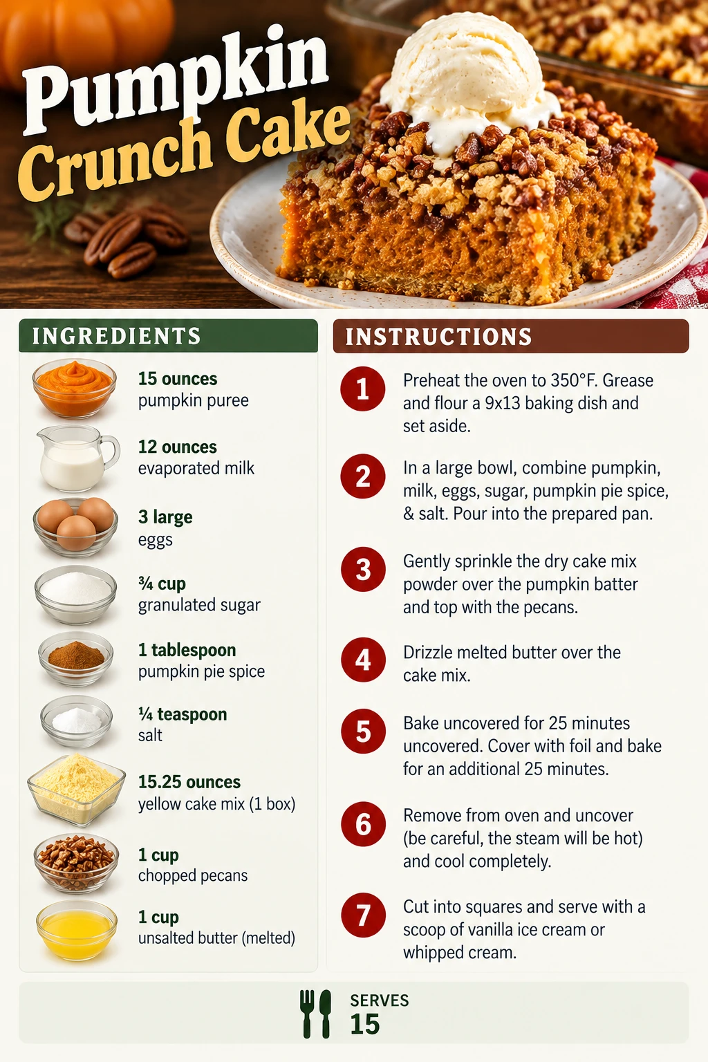 Saved Pumpkin Crunch Cake recipe card; accessible ingredients and instructions are listed above.