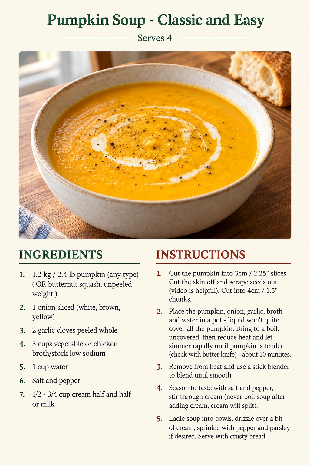 Saved Pumpkin Soup - Classic and Easy recipe card; accessible ingredients and instructions are listed above.