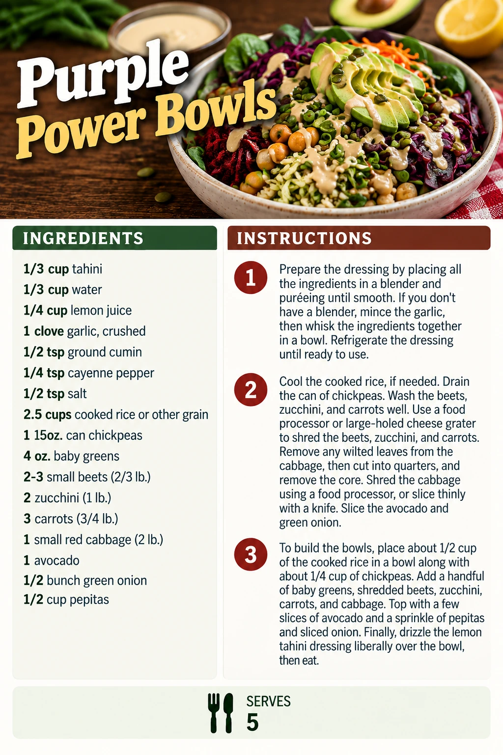 Saved Purple Power Bowls recipe card; accessible ingredients and instructions are listed above.