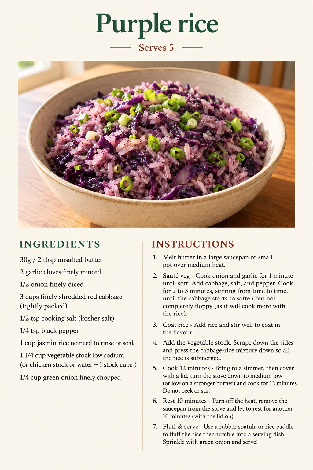 Saved Purple rice recipe card; accessible ingredients and instructions are listed above.