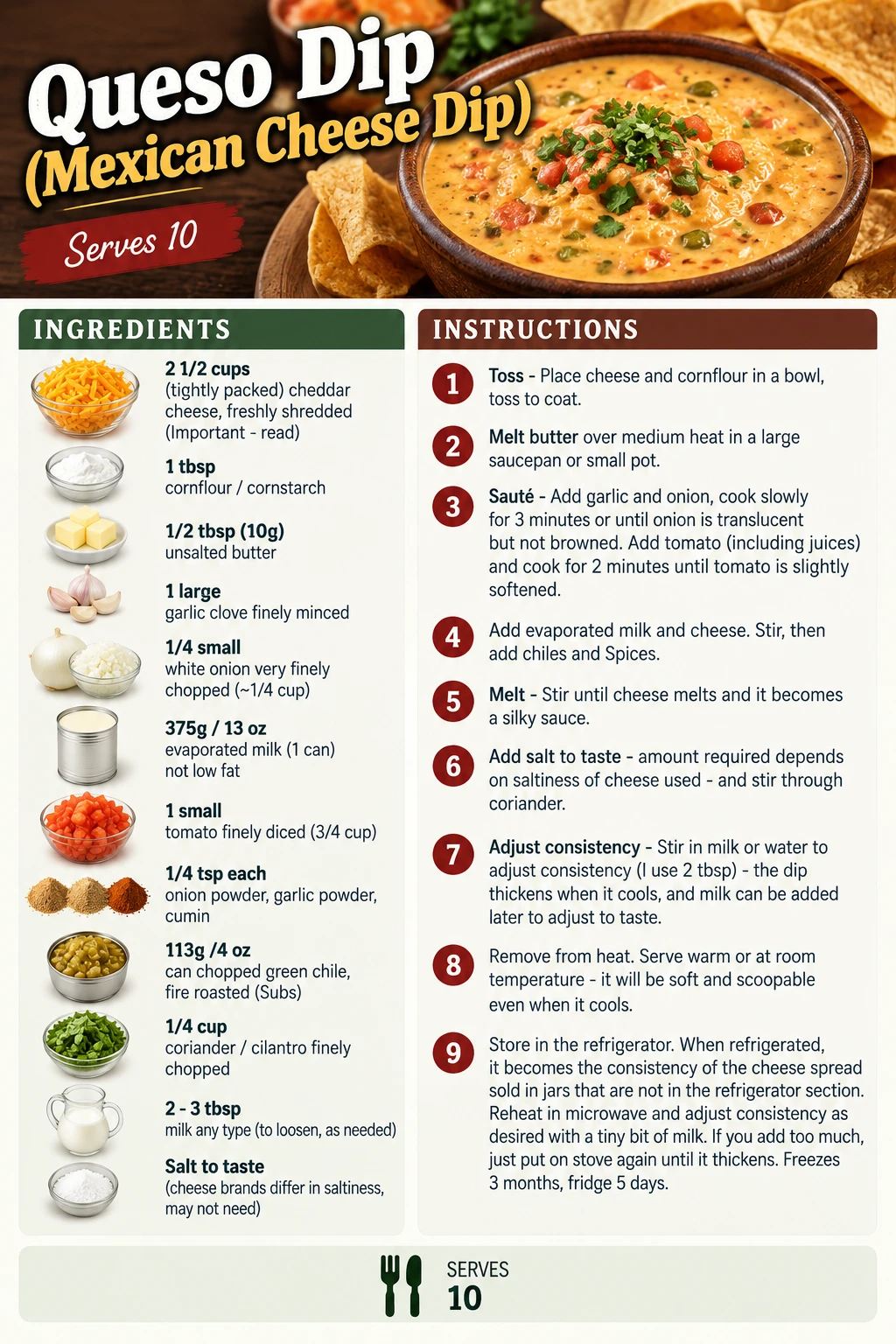 Saved Queso Dip (Mexican Cheese Dip) recipe card; accessible ingredients and instructions are listed above.