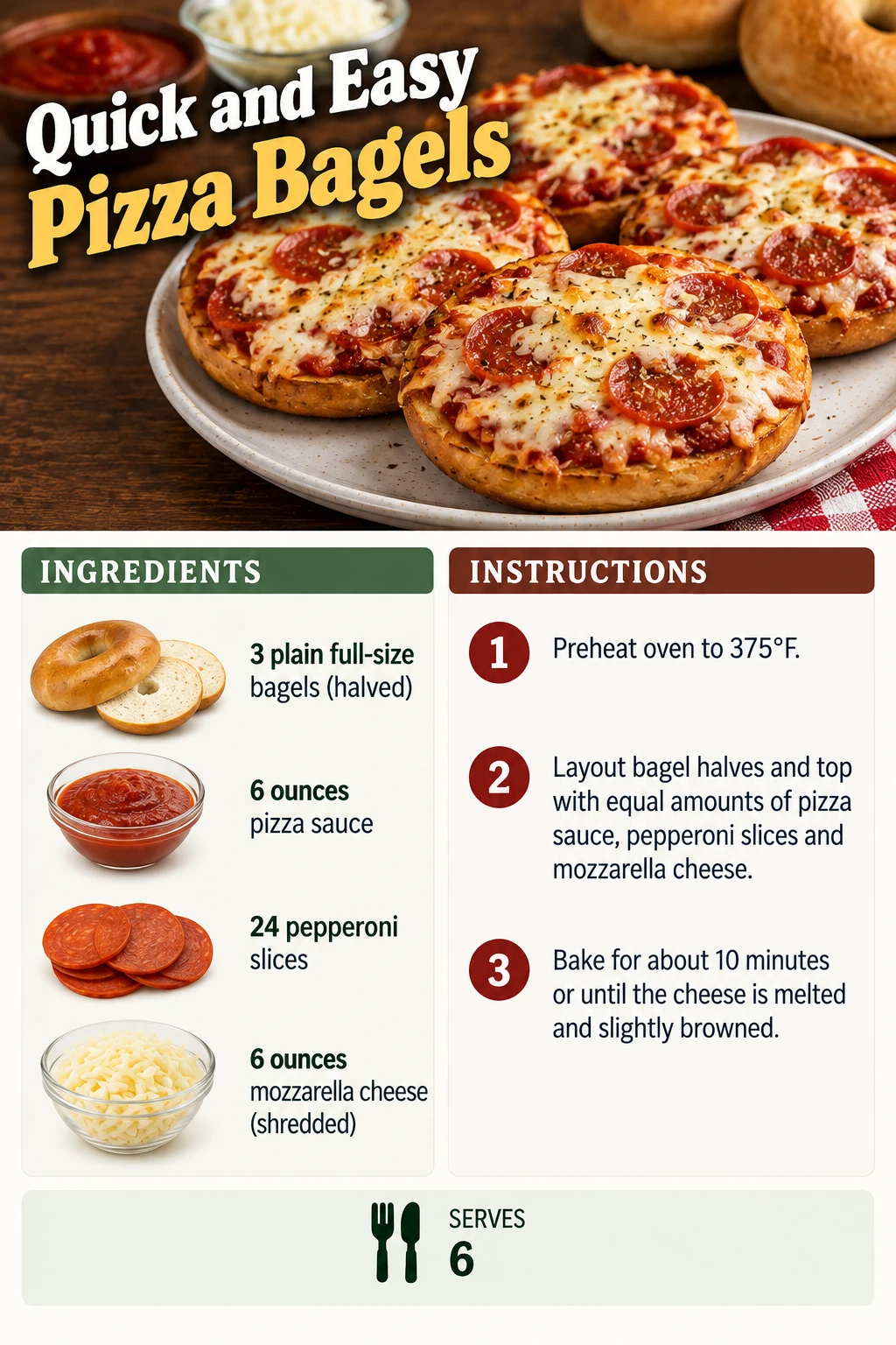 Saved Quick and Easy Pizza Bagels recipe card; accessible ingredients and instructions are listed above.