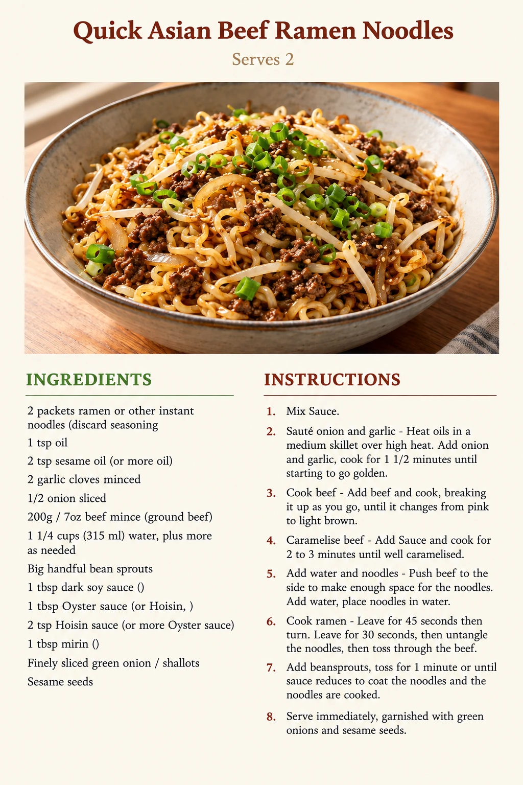 Saved Quick Asian Beef Ramen Noodles recipe card; accessible ingredients and instructions are listed above.