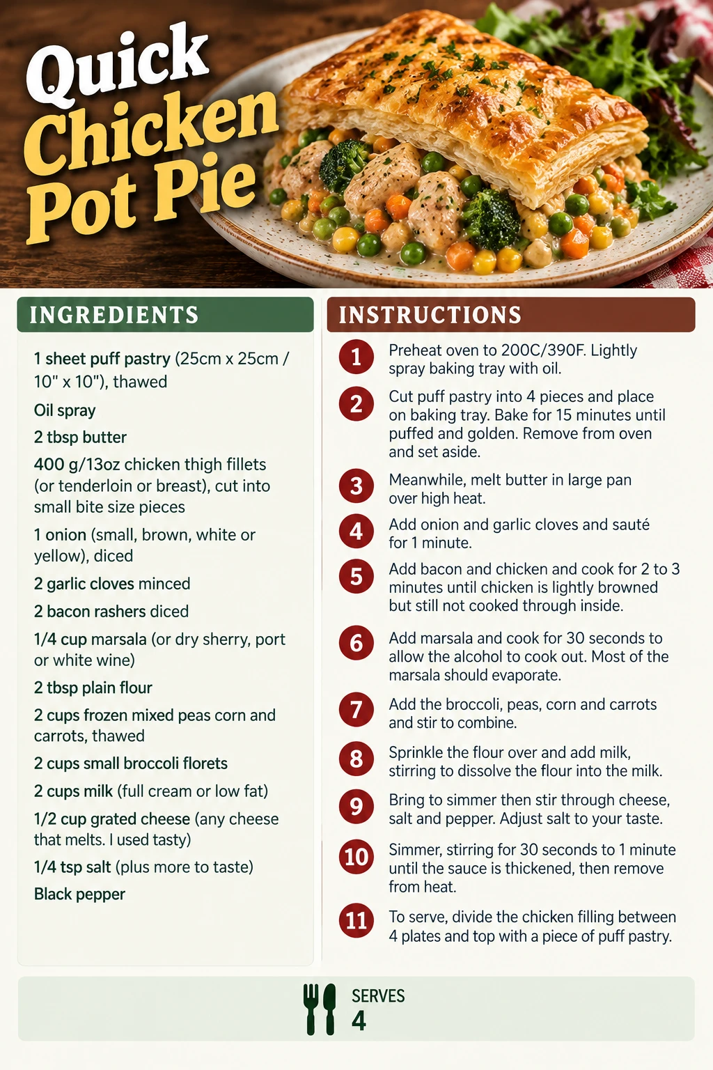 Saved Quick Chicken Pot Pie recipe card; accessible ingredients and instructions are listed above.