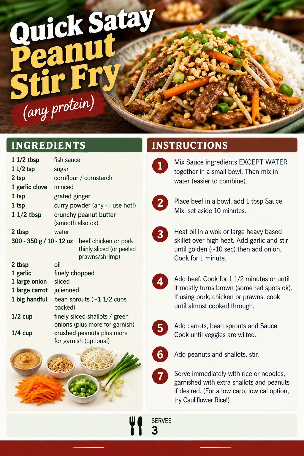 Saved Quick Satay Peanut Stir Fry (any protein) recipe card; accessible ingredients and instructions are listed above.