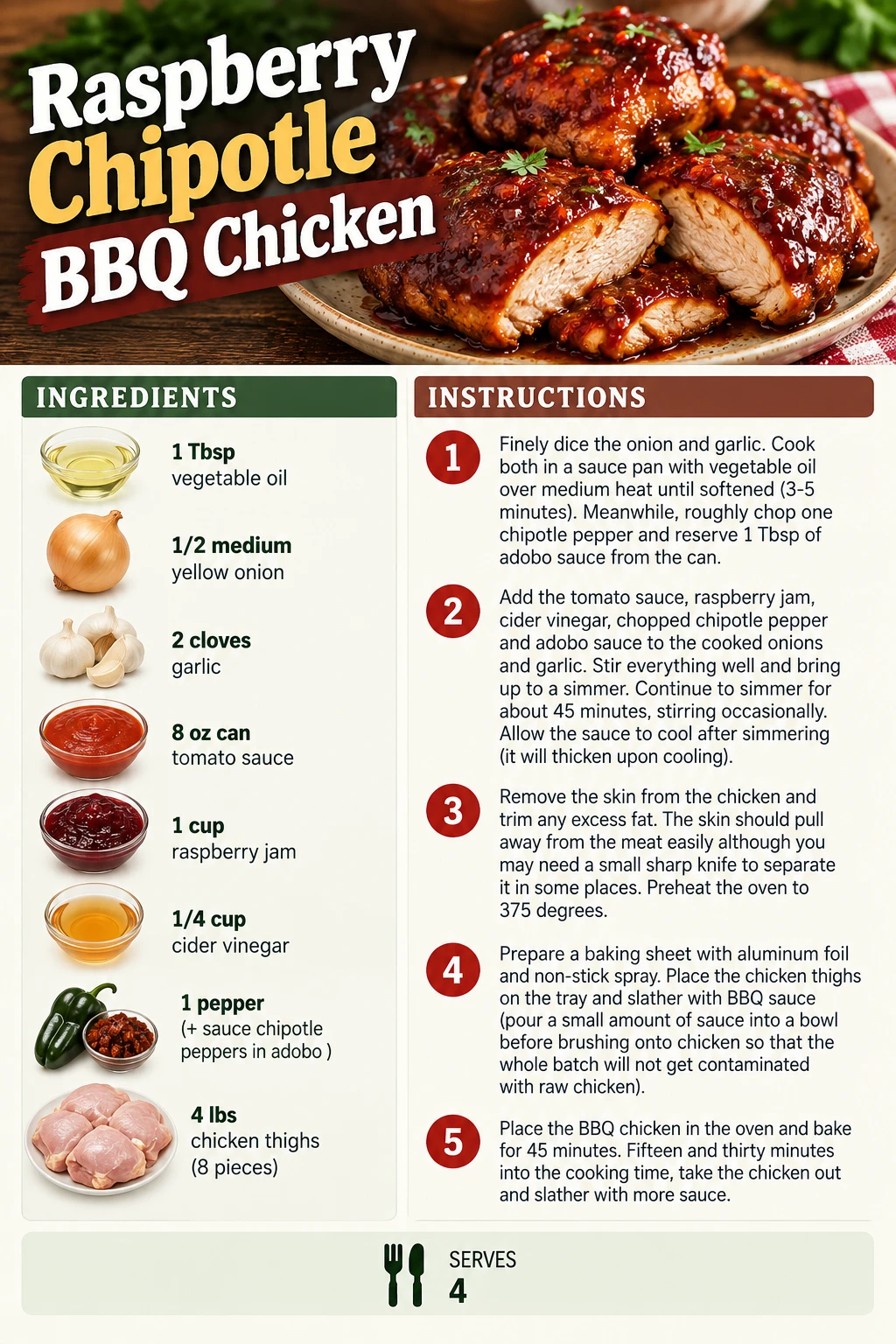 Saved Raspberry Chipotle BBQ Chicken recipe card; accessible ingredients and instructions are listed above.