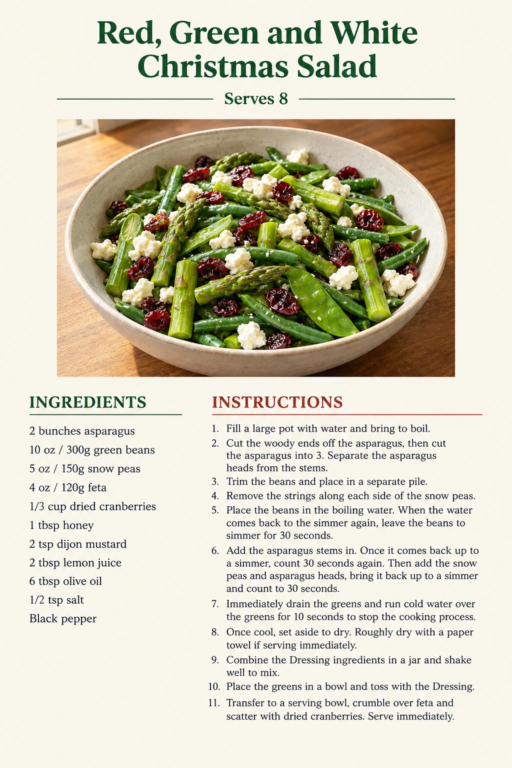Saved Red, Green and White Christmas Salad recipe card; accessible ingredients and instructions are listed above.