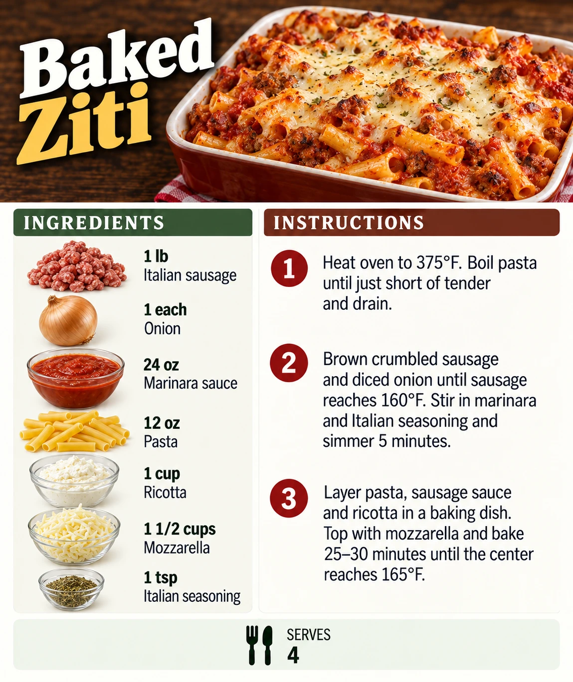 Saved Baked Ziti recipe card; accessible ingredients and instructions are listed above.