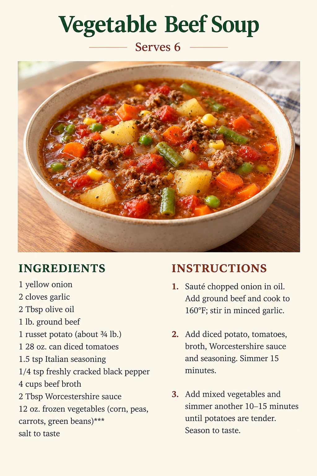 Saved Vegetable Beef Soup recipe card; accessible ingredients and instructions are listed above.