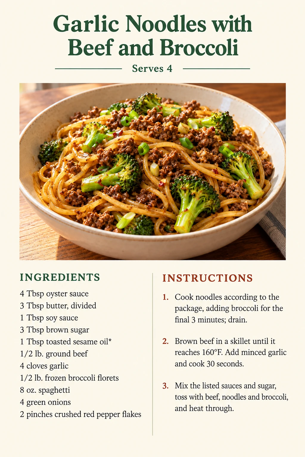 Saved Garlic Noodles with Beef and Broccoli recipe card; accessible ingredients and instructions are listed above.