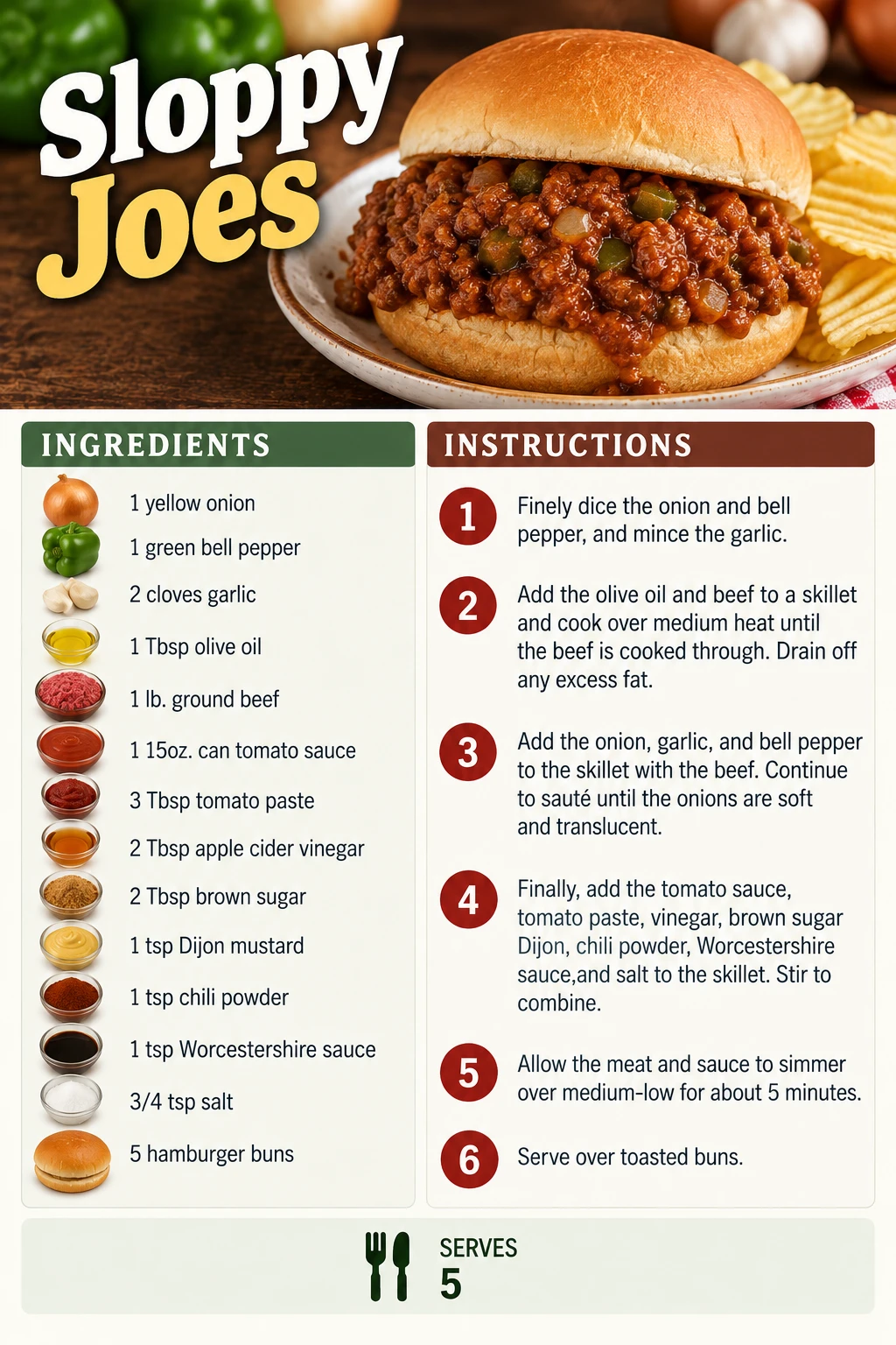 Saved Sloppy Joes recipe card; accessible ingredients and instructions are listed above.