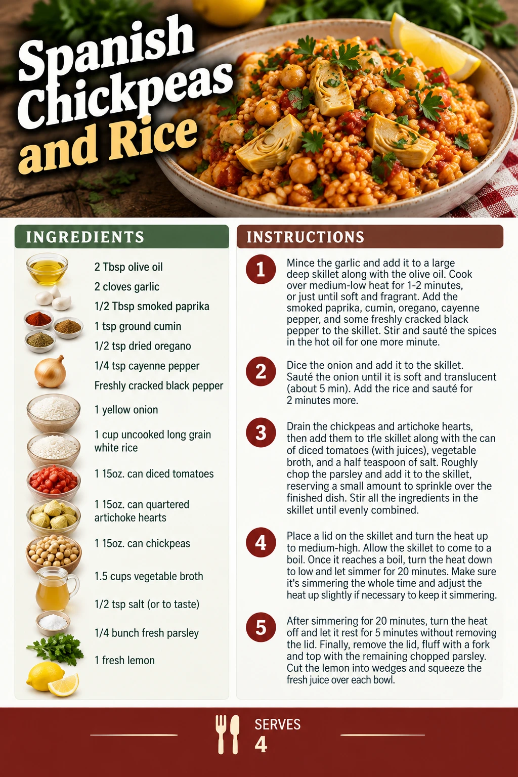 Saved Spanish Chickpeas and Rice recipe card; accessible ingredients and instructions are listed above.