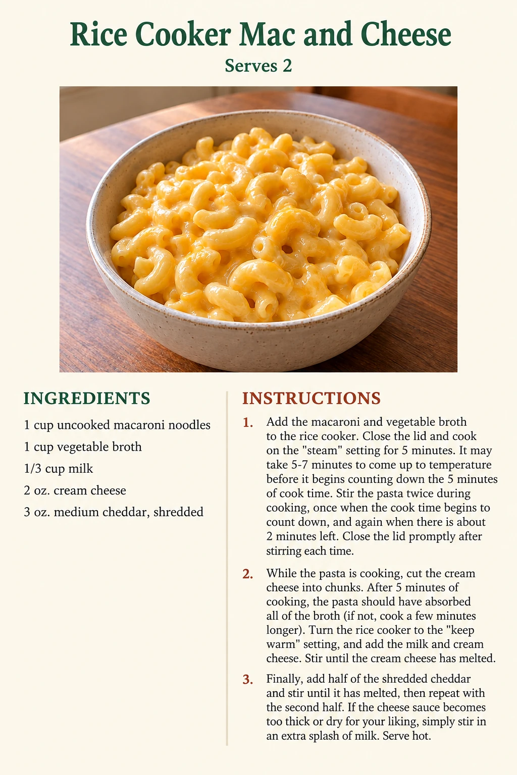 Saved Rice Cooker Mac and Cheese recipe card; accessible ingredients and instructions are listed above.