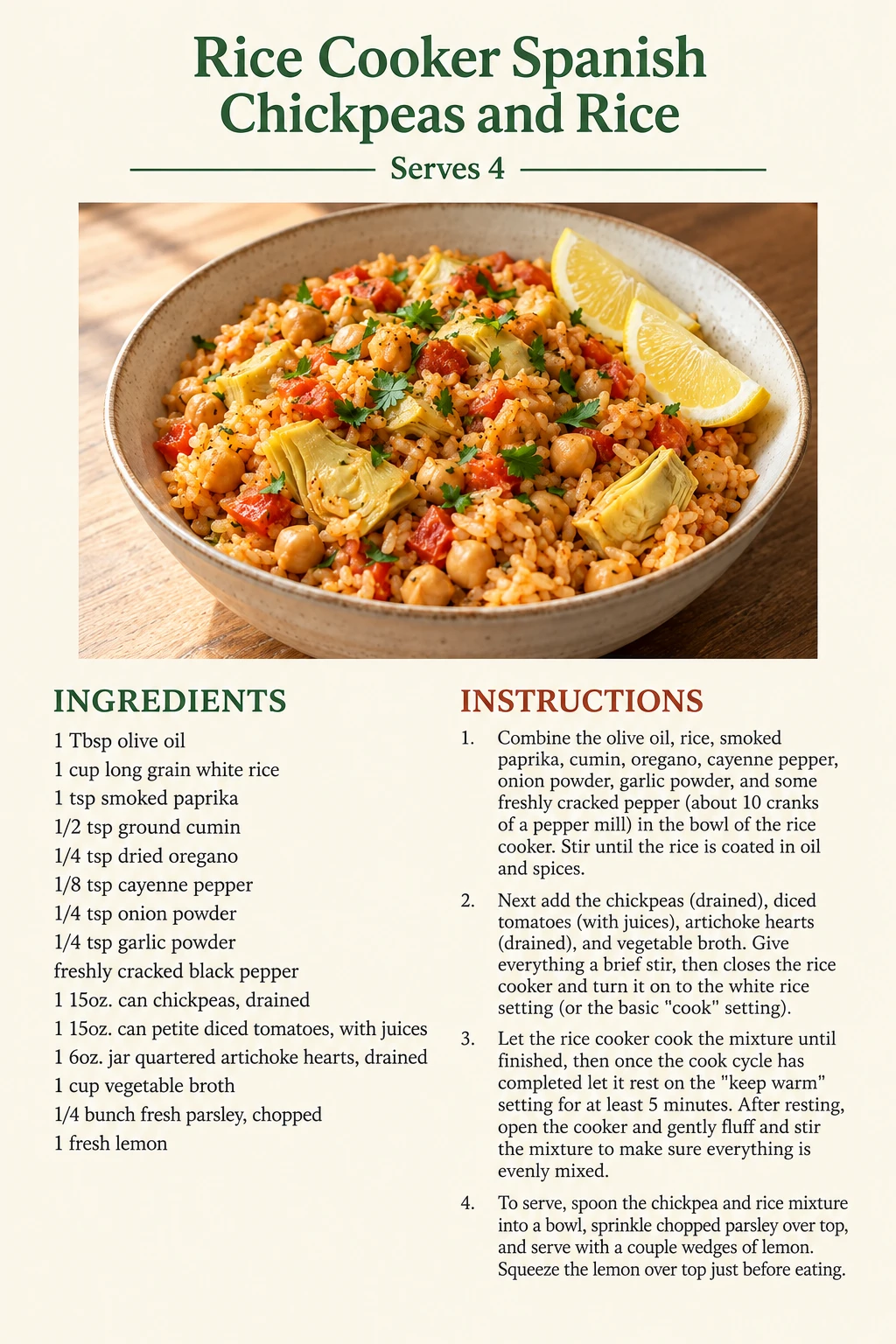 Saved Rice Cooker Spanish Chickpeas and Rice recipe card; accessible ingredients and instructions are listed above.