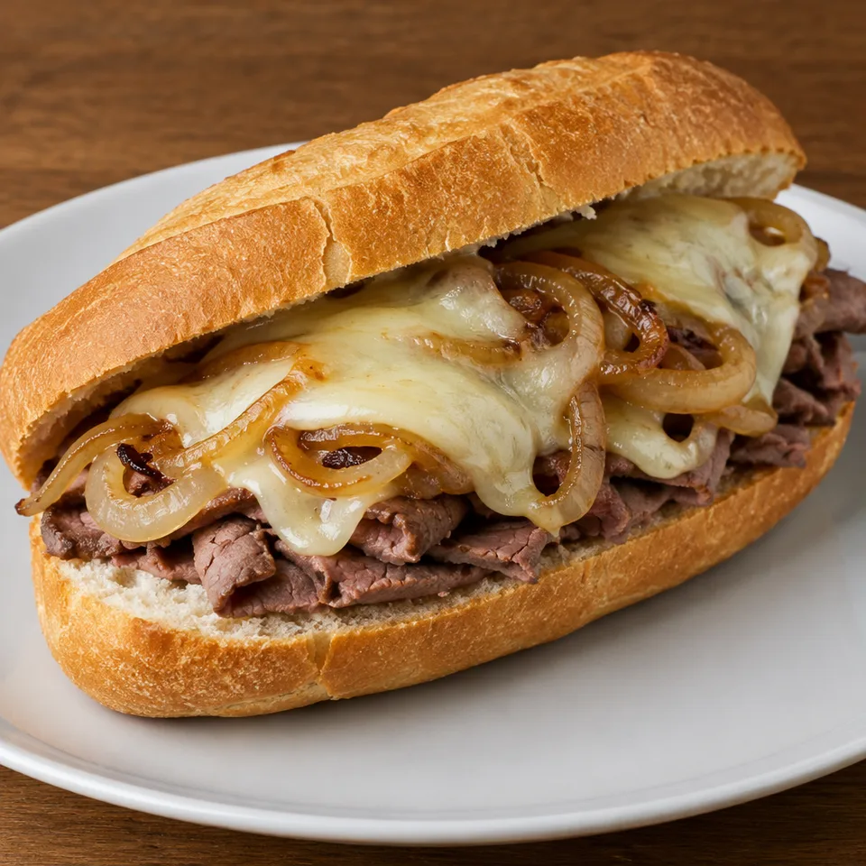 Roast Beef Sandwich with Melted Cheese and Caramelized Onions — serving inspiration