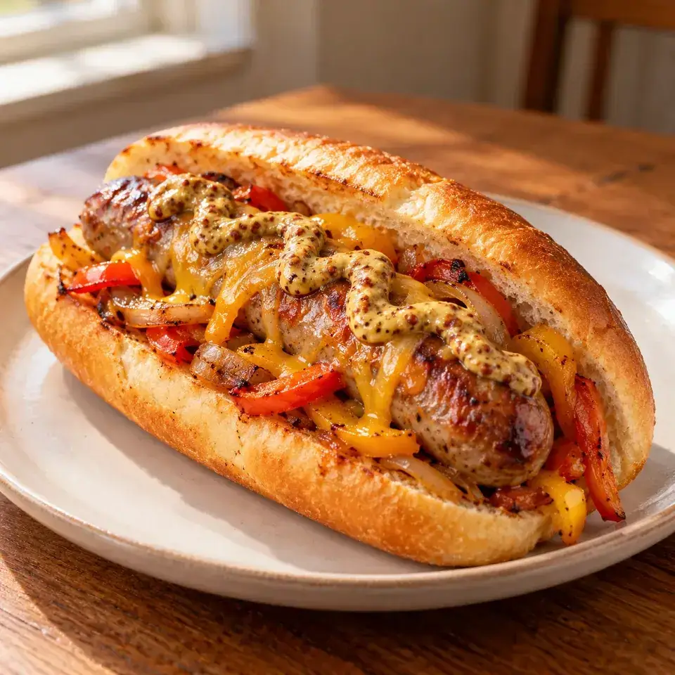 Roasted Bratwurst with Peppers and Onions — serving inspiration