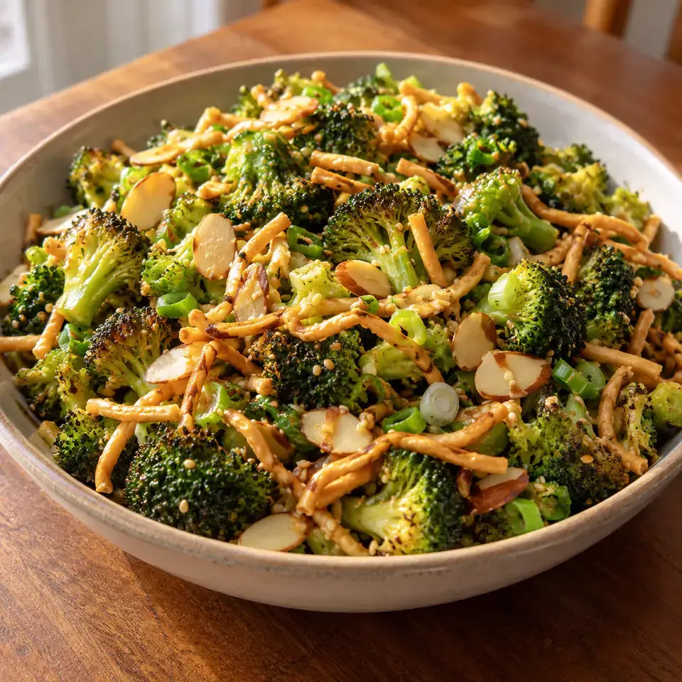 Roasted Broccoli Salad with Almonds and Simple Sesame Dressing — serving inspiration