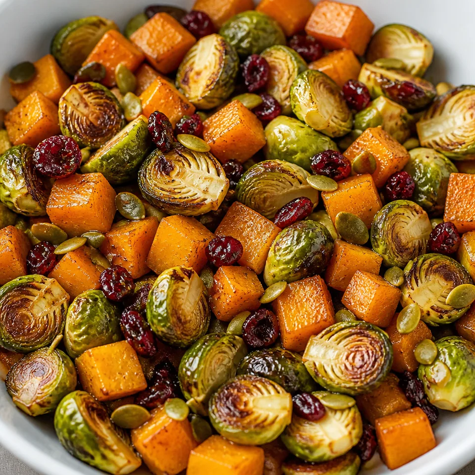 Roasted Brussels Sprouts Salad with Maple Butternut Squash, Pumpkin Seeds, and Cranberries — serving inspiration