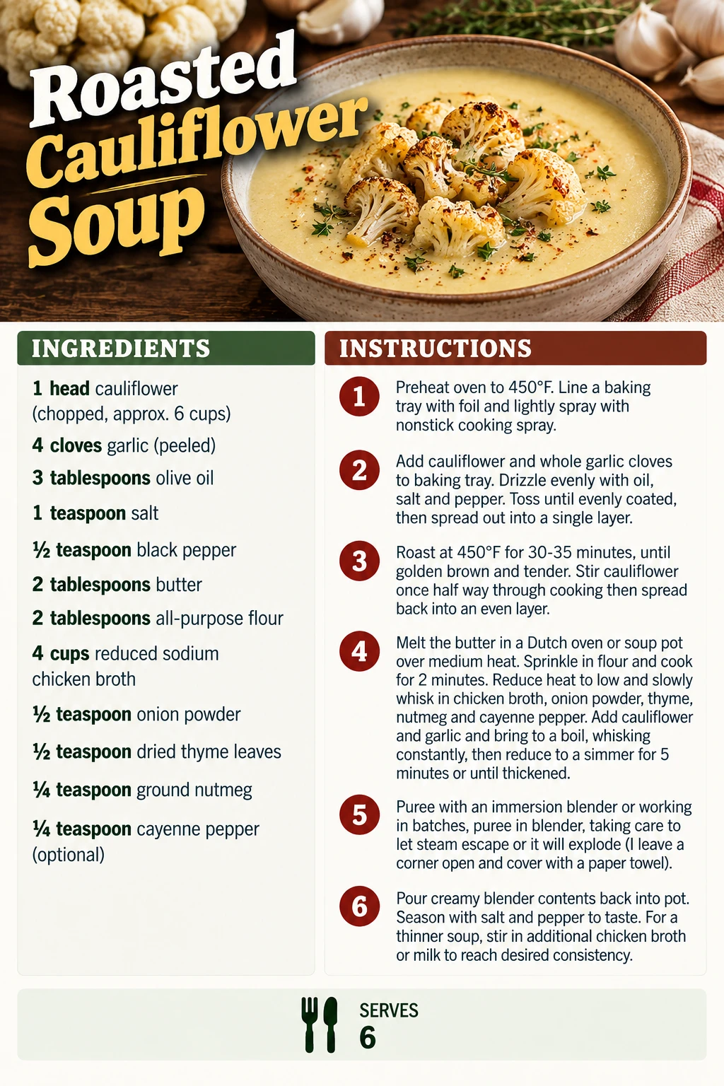Saved Roasted Cauliflower Soup recipe card; accessible ingredients and instructions are listed above.