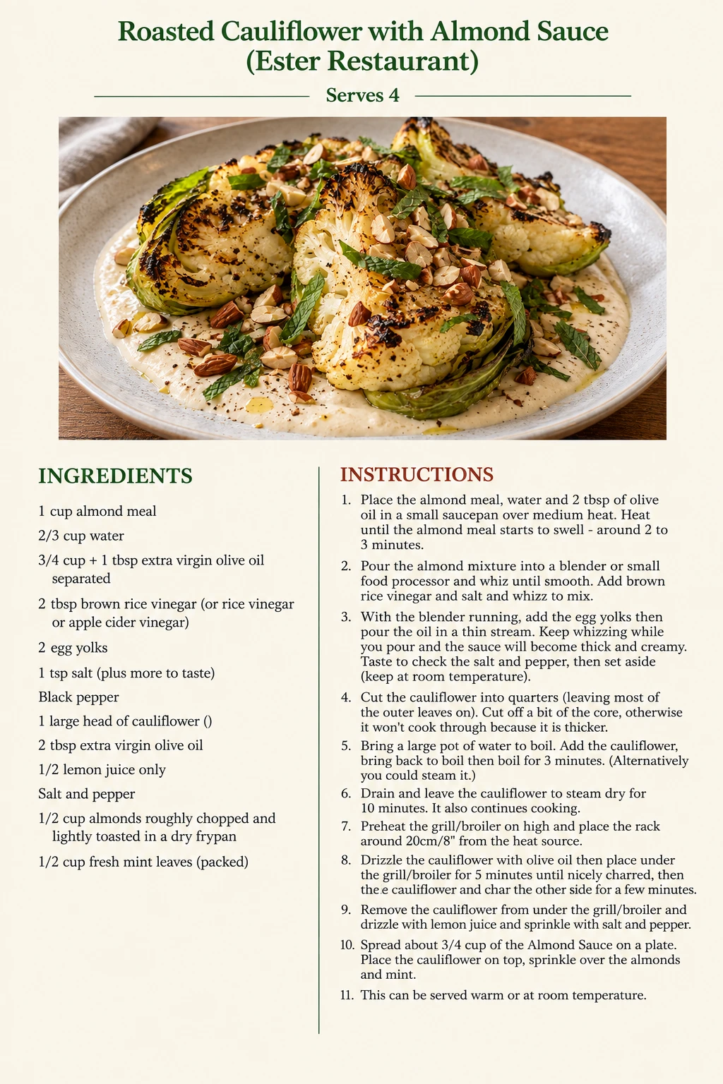 Saved Roasted Cauliflower with Almond Sauce (Ester Restaurant) recipe card; accessible ingredients and instructions are listed above.