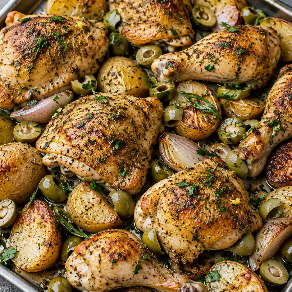 Roasted Chicken and Potatoes with Herbes de Provence and Olives — serving inspiration