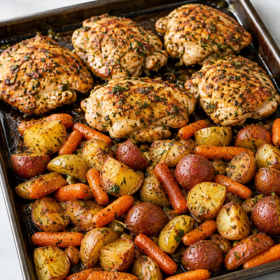 Roasted Chicken and Veggies with Garlic Herb Vinaigrette — serving inspiration