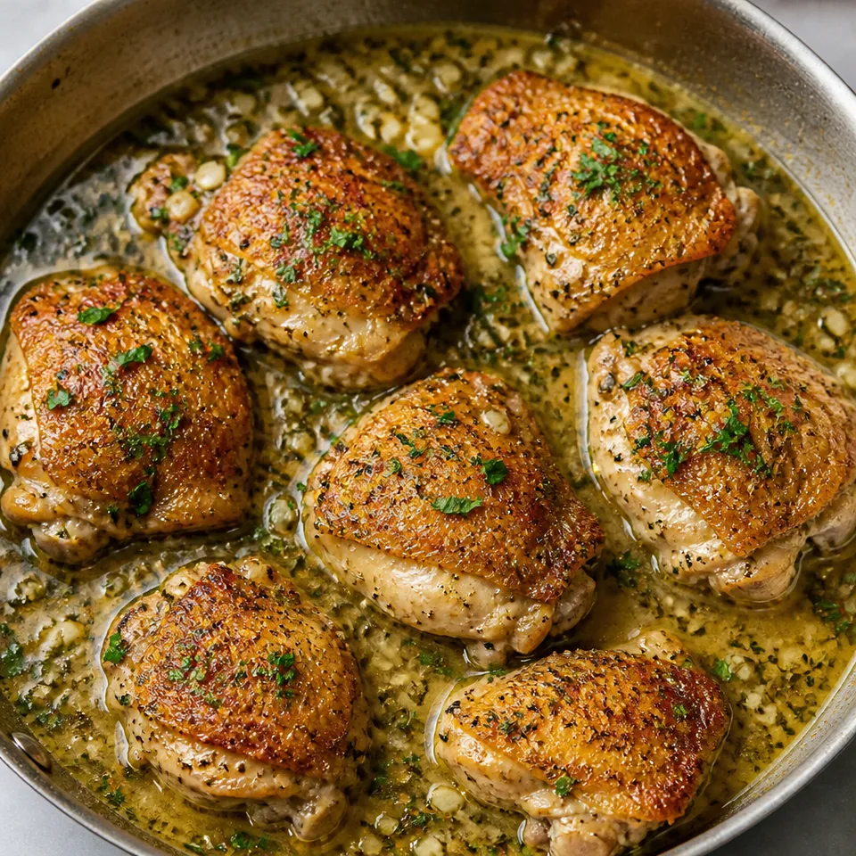 Roasted chicken thighs with white wine garlic sauce — serving inspiration