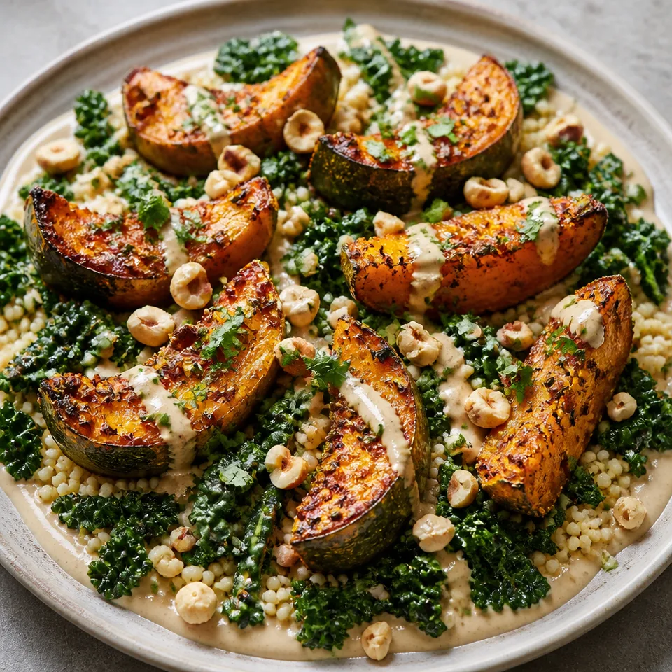 Roasted chilli honey squash salad with cavolo nero & gingery tahini dressing — serving inspiration
