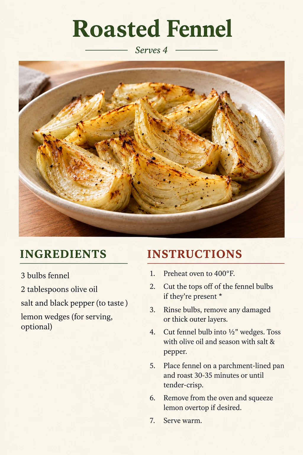 Saved Roasted Fennel recipe card; accessible ingredients and instructions are listed above.