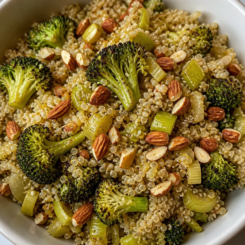 Roasted Leek & Broccoli Quinoa Salad with Chopped Almonds — serving inspiration
