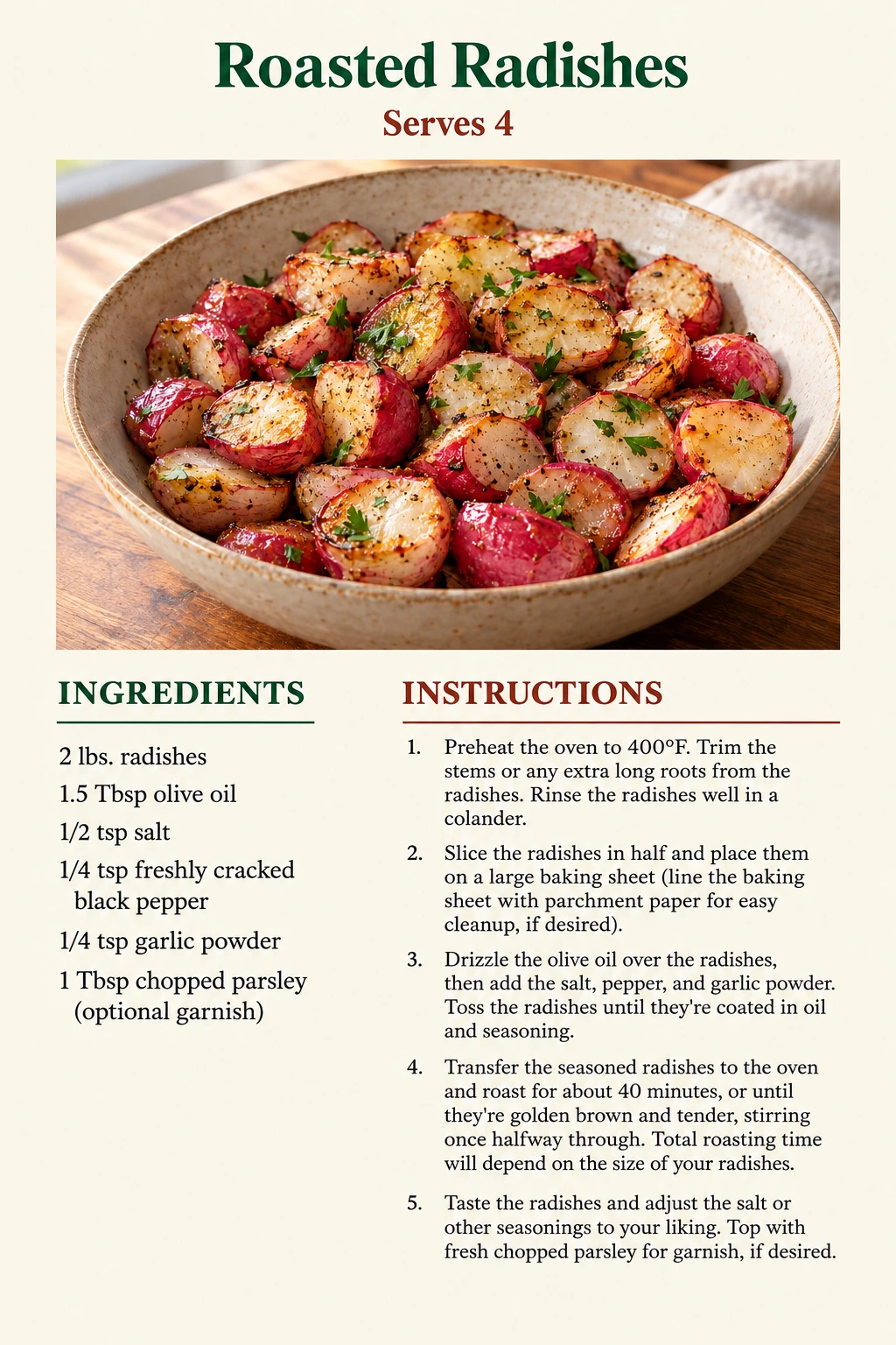 Saved Roasted Radishes recipe card; accessible ingredients and instructions are listed above.
