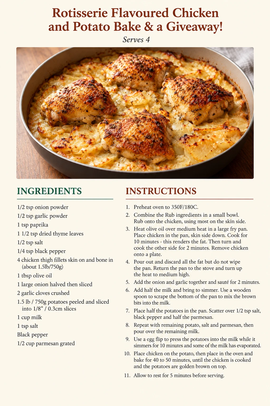Saved Rotisserie Flavoured Chicken and Potato Bake & a Giveaway! recipe card; accessible ingredients and instructions are listed above.