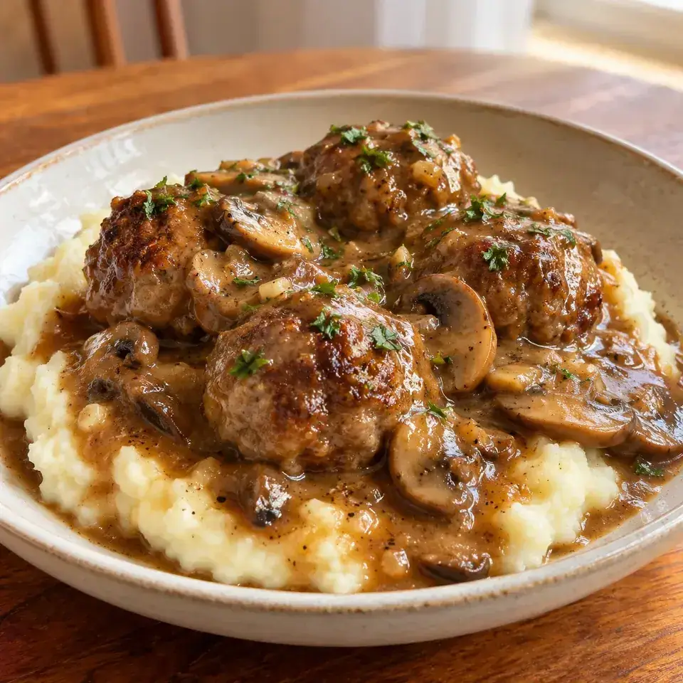 Salisbury steak meatballs with mushroom gravy — serving inspiration