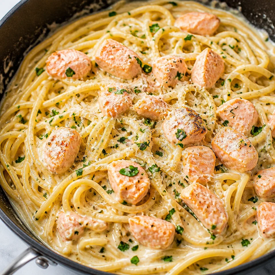 Salmon Pasta with a Creamy Garlic Sauce — serving inspiration