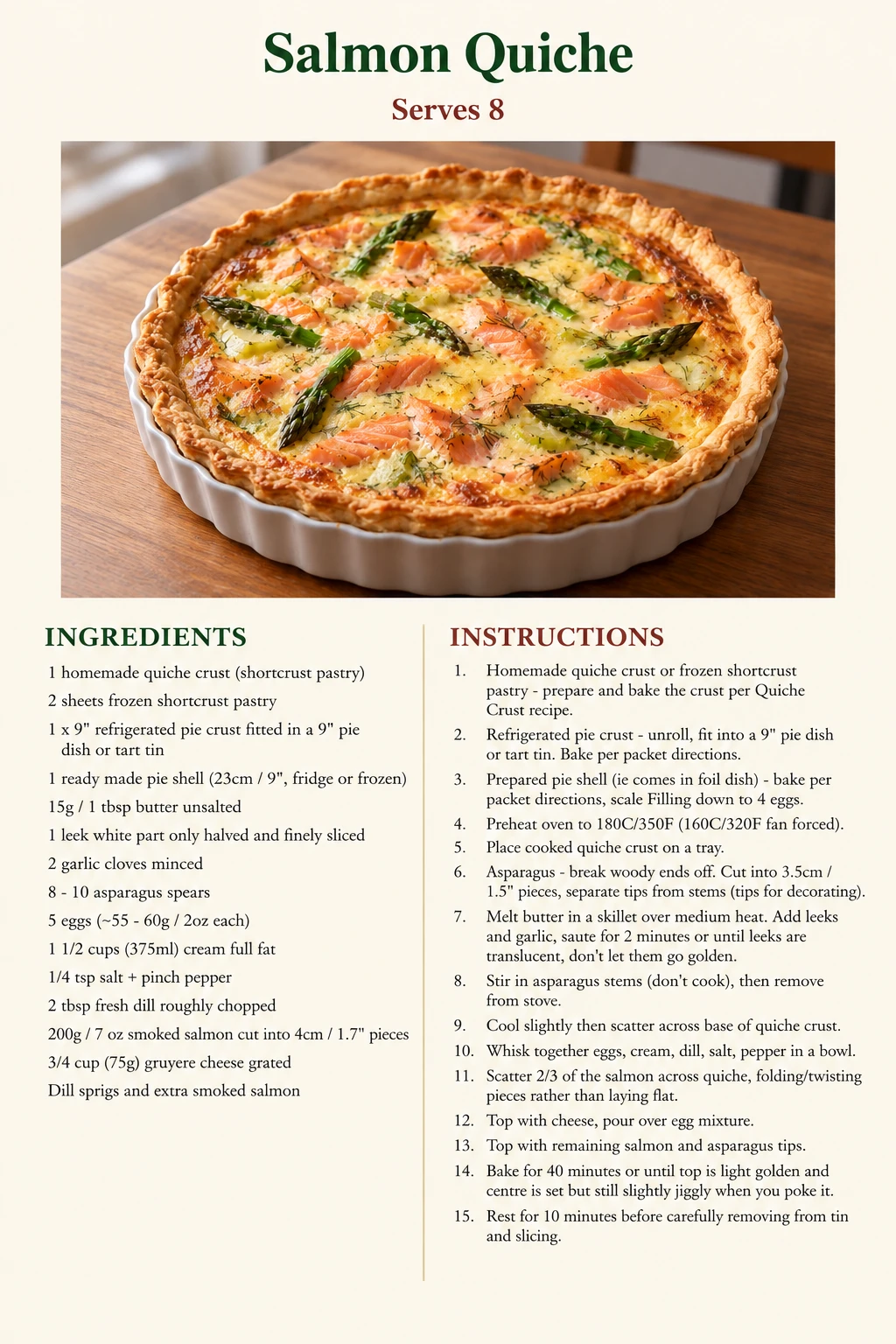 Saved Salmon Quiche recipe card; accessible ingredients and instructions are listed above.