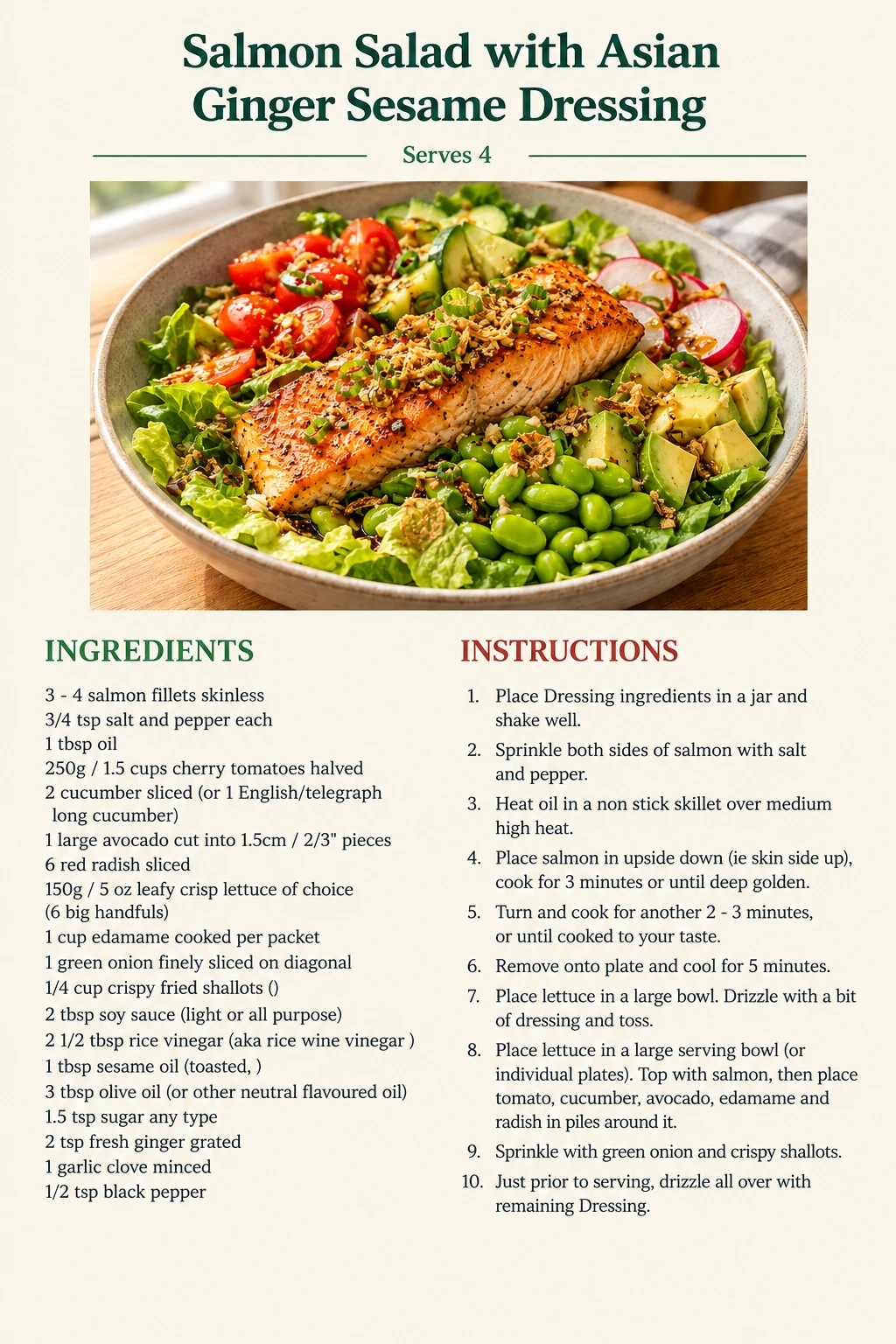 Saved Salmon Salad with Asian Ginger Sesame Dressing recipe card; accessible ingredients and instructions are listed above.