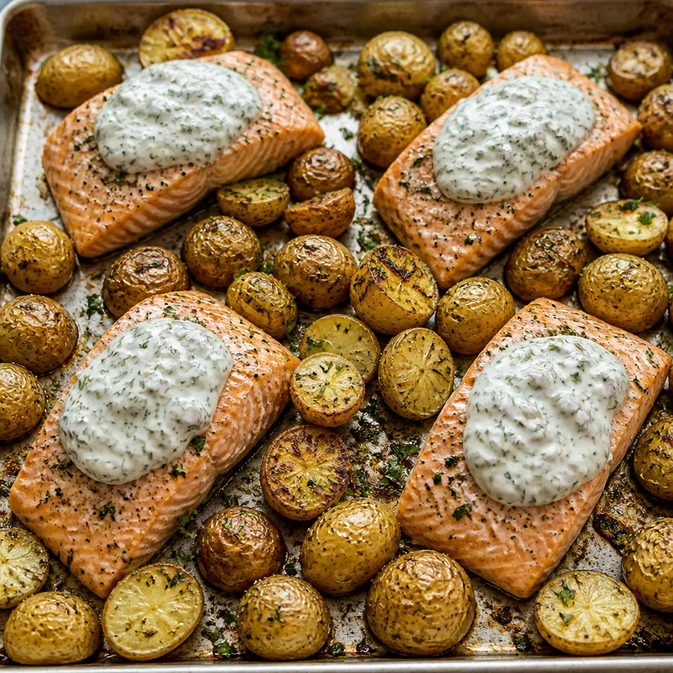 Salmon with Dill Sauce and Roasted Baby Potatoes Sheet Pan Dinner — serving inspiration