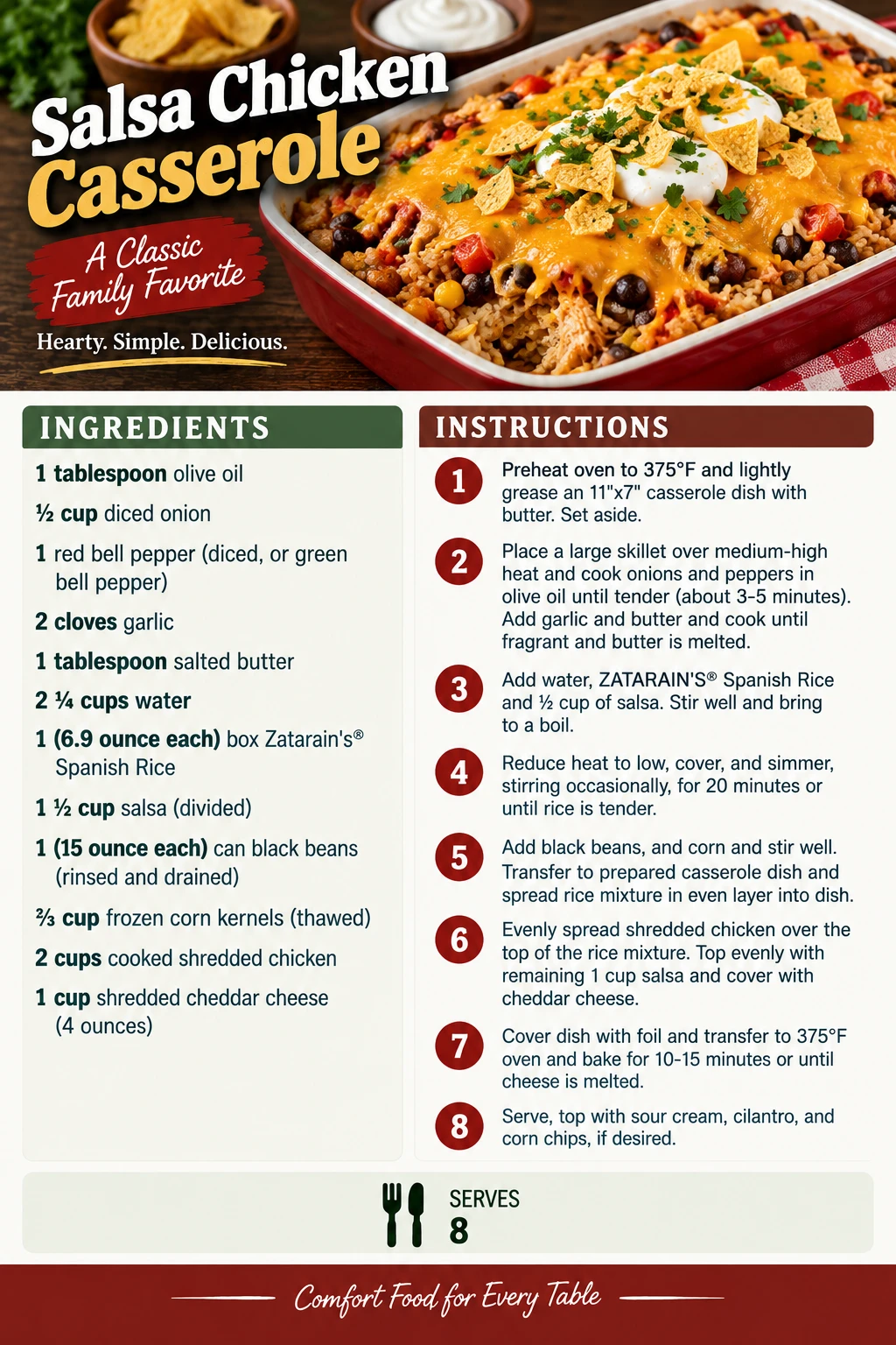 Saved Salsa Chicken Casserole recipe card; accessible ingredients and instructions are listed above.