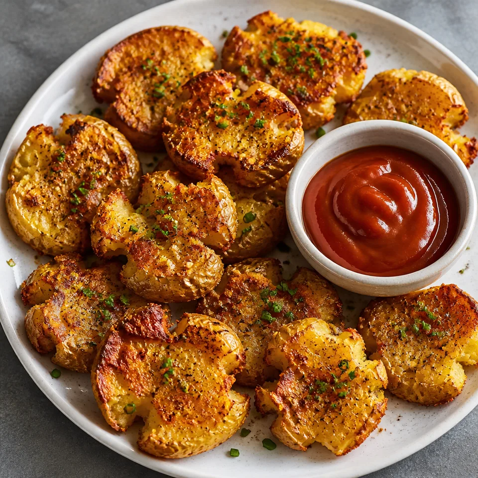 Salt and Vinegar Smashed Potatoes with Miso Ketchup — serving inspiration