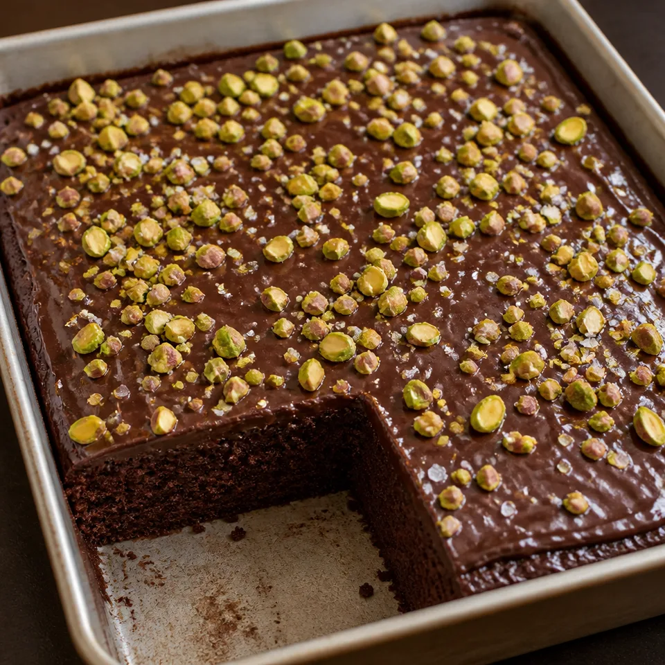 Salted Texas Chocolate Sheet Cake with Pistachios — serving inspiration