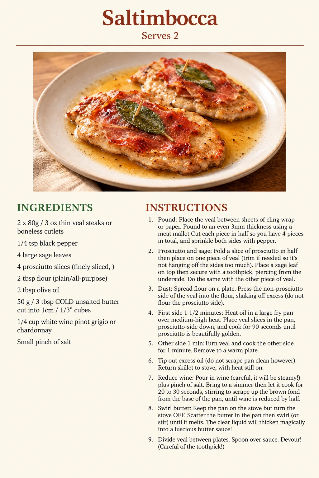 Saved Saltimbocca recipe card; accessible ingredients and instructions are listed above.